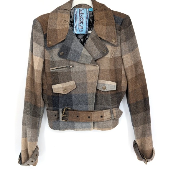 VTG Y2K L.A.M.B. Gwen Stefani Brown Plaid Wool Belted Moto Jacket 4 Indie Chic - Picture 1 of 12